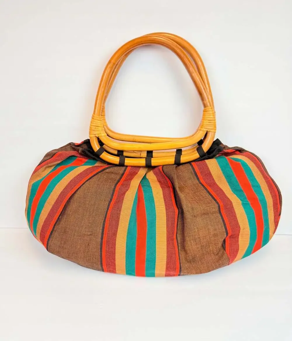 Putu By J. Maclear Bohemian Striped Fabric Hobo Bag with Rattan Handles